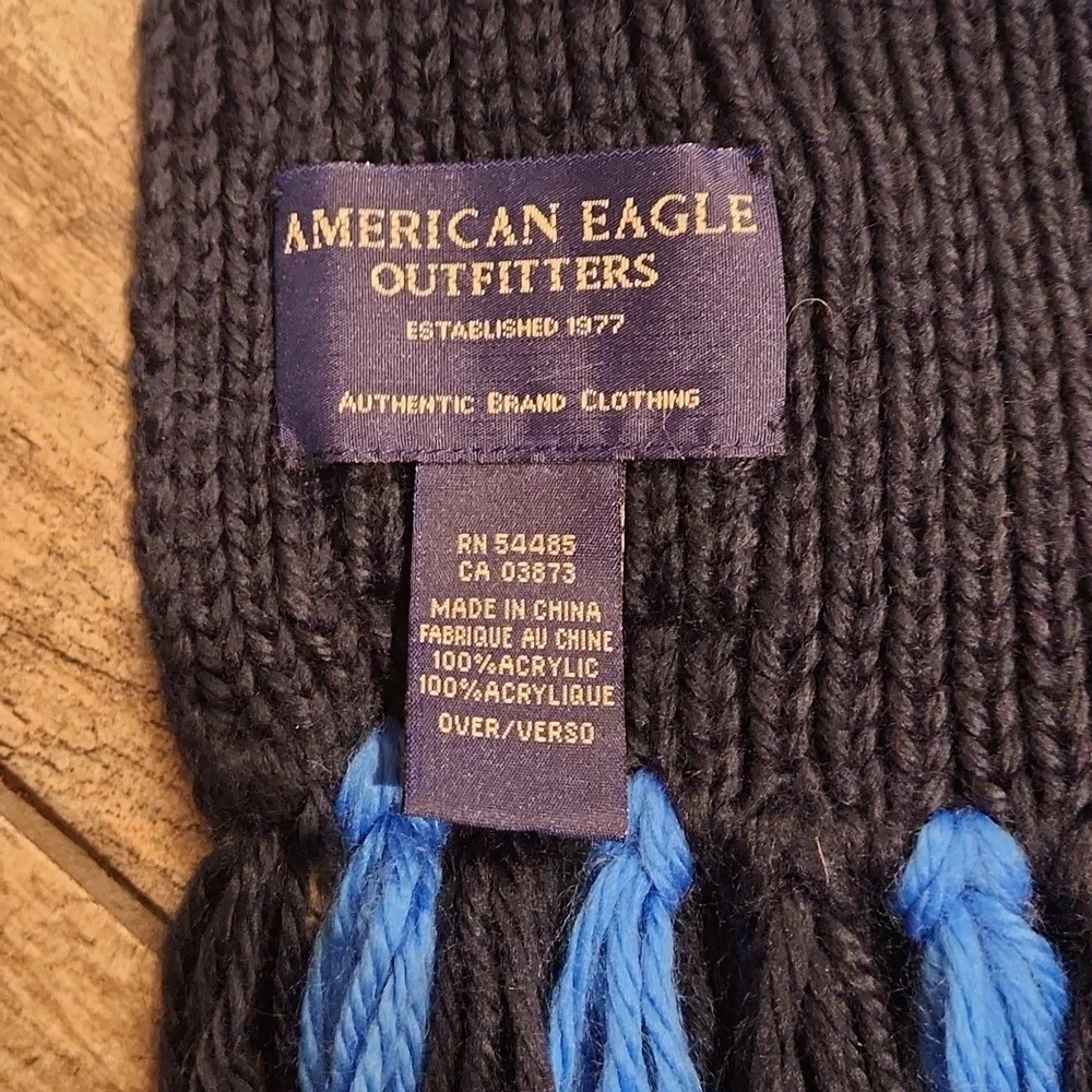 A. Eagle Black Scarf with Blue and Cream Stripes Y2K Snow Winter